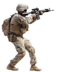 A soldier in full gear, holding a rifle, in a dynamic stance with a transparent background