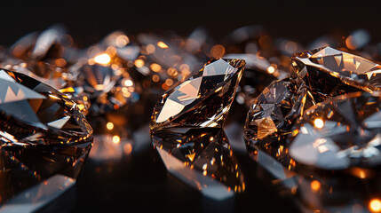 Loose diamonds scattered across reflective black glass surface, showcasing their brilliance and sparkle. warm lighting enhances luxurious feel, creating elegant atmosphere