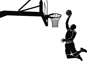 Fototapeta premium Silhouette of a basketball player dunking ball in hoop, player is jumping high and about to score