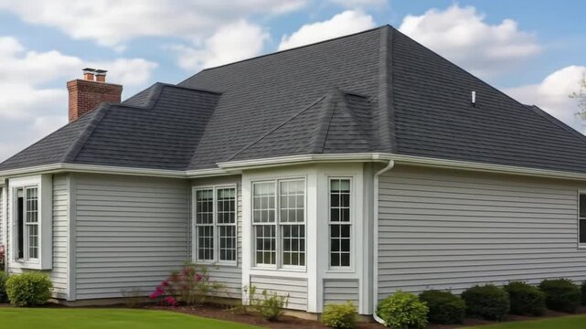 Residential house exterior featuring a new dark asphalt shingle roof, gray vinyl siding, and a bay window