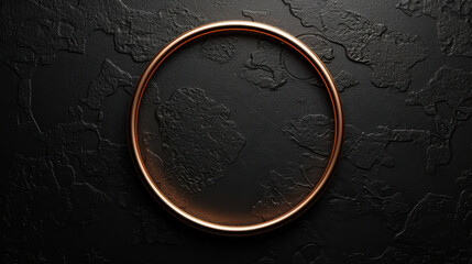 Minimal golden circle on textured matte black background creates striking visual contrast. elegant design evokes sense of modern sophistication and simplicity