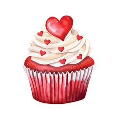 watercolor Red velvet cupcake with heart-shaped decoration illustration