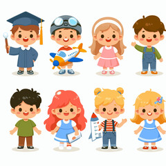 Vector illustrations of children in various professions, Brightly colored flat design style, white background, and suitable for educational materials, children's books, posters, or learning media.