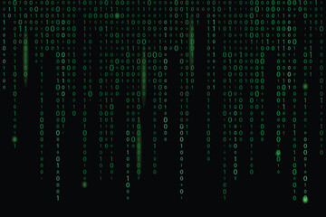 Green matrix background stream of binary code falling numbers on dark backdrop digital computer code coding
