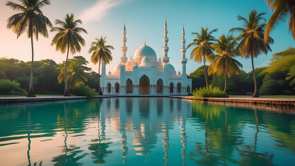 Naklejka premium view of the white mosque with a calm water mirror