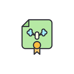 A colorful icon depicting a green document with a light blue and yellow vapor symbol and a golden seal, possibly for a certified product.