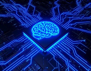 Futuristic AI brain pulses with electric blue light on a complex circuit board, symbolizing innovation.