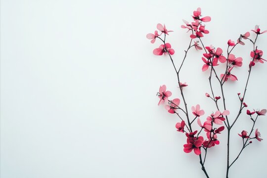 Delicate Pink Blossoms on Dark Branches Against a Clean White Ba