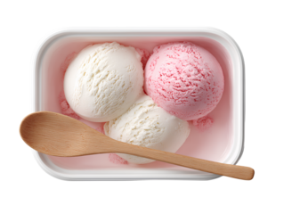 Top-Down View of Ice Cream Tub with One Pink and Two White Scoops and Wooden Spoon Resting on Rim, Isolated on Transparent Background