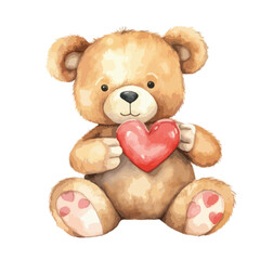 watercolor Teddy bear holding a small red heart pillow illustration