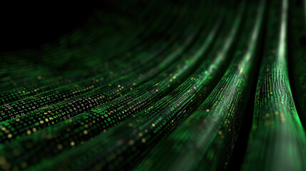 Rows of glowing binary code in green cascade across dark background, creating mesmerizing digital landscape that evokes sense of technology and innovation