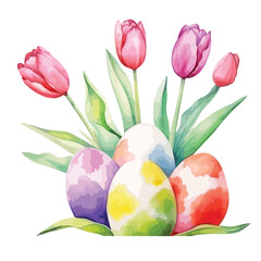 Fototapeta premium watercolor tulips with hidden Easter eggs illustration