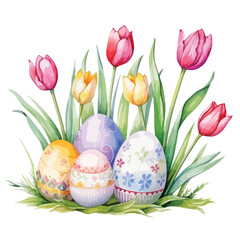 watercolor tulips with hidden Easter eggs illustration