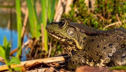 Obraz premium Single adult American bullfrog resting on land surrounding with tall green weeds and dense bushes nearest with natural beautiful lake