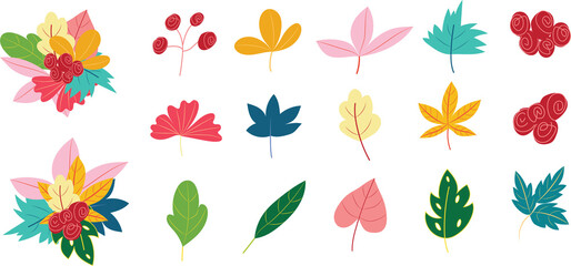 Beautiful romantic flower collection with flowers, leaves, and bouquets. Isolated on while for greeting cards, easter, thanksgiving.