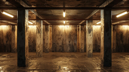 Dimly lit underground parking lot with concrete pillars and wet floor, creating moody atmosphere. fluorescent lights cast stark glow on textured walls, enhancing industrial feel