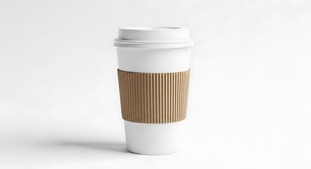 Minimalist Coffee Cup Presentation with Corrugated Sleeve, Simple White Coffee Cup with Lid and Insulating Sleeve on White Backdrop