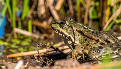 Obraz premium Single adult American bullfrog resting on land surrounding with tall green weeds and dense bushes nearest with natural beautiful lake