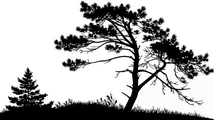 Shadow silhouette of a pine tree, black vector shape on a clean white background.