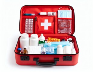 First aid kit open with organized medical supplies, on white background 
