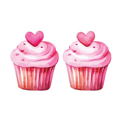 watercolor Two heart shaped cupcakes illustration