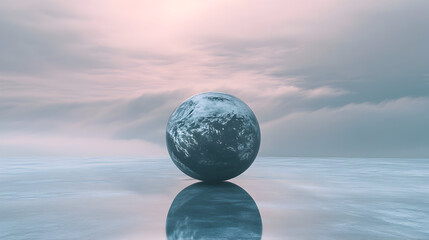 A sphere floats above a reflective surface against a cloudy sky.