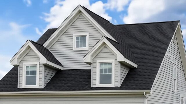 Architectural detail of a house exterior with gray vinyl siding, a dark asphalt shingle roof, and dormer windows under a blue sky.