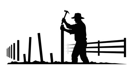 Obraz premium building a strong foundation a silhouette of a farmer constructing a fence representing resilience hard work and the growth of a successful business