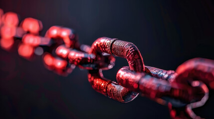 Close up view of metallic chain link illuminated with red light, showcasing intricate details and textures. image conveys sense of strength and connection, ideal for themes related to security