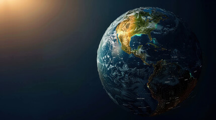 Earth globe illuminated by sunlight, showcasing continents and oceans in vibrant detail. image captures beauty of our planet from space, highlighting geographical features and city lights