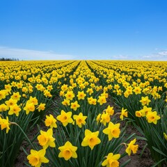 Fototapeta premium Vibrant Yellow Daffodil Field Under a Sunny Sky