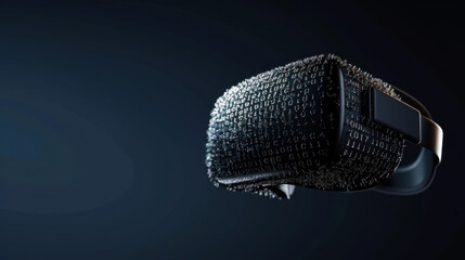 Virtual reality headset covered binary digits, showcasing futuristic design with textured surface. dark background enhances high tech appearance, evoking sense of innovation and digital