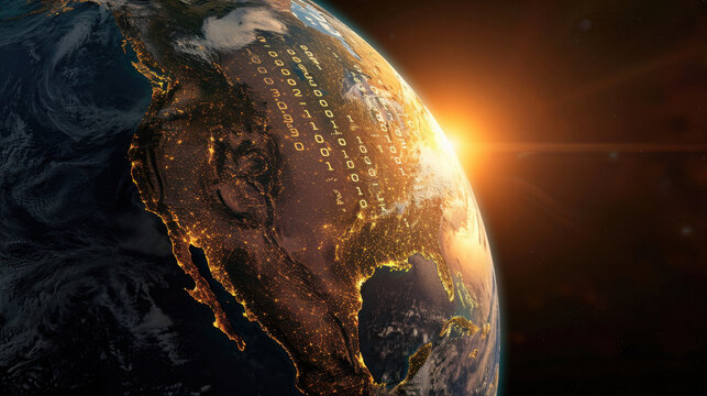 Planet Earth illuminated at night with binary code overlay, symbolizing technology and connectivity, as sun rises on horizon, creating sense of hope and innovation