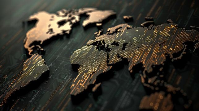 Digital world map with binary digits overlaying dark background, representing technology and global connectivity. intricate design evokes sense of modernity and innovation - Powered by Adobe