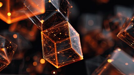 Dynamic 3D network of glowing orange geometric shapes and nodes representing abstract data connections, visualizing complex digital information flow and future technology concepts