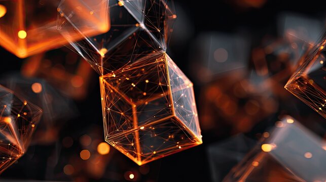 Dynamic 3D network of glowing orange geometric shapes and nodes representing abstract data connections, visualizing complex digital information flow and future technology concepts - Powered by Adobe