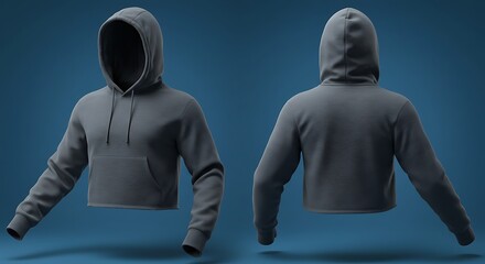 Blank grey hoodie mockup with front and back views for apparel design template on an isolated blue background.