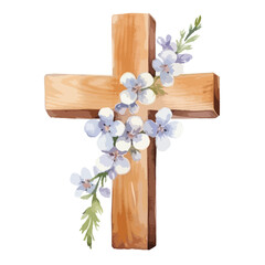 watercolor wooden cross with flowers at the base illustration