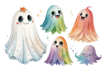 set of watercolor Ghost vector illustration isolated on white background