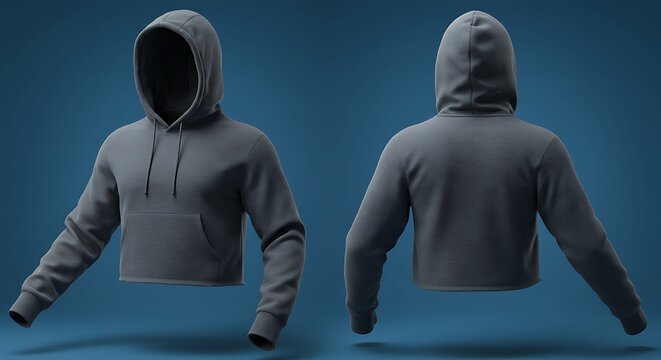 Blank grey hoodie mockup with front and back views for apparel design template on an isolated blue background.