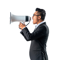 Fototapeta premium A man in a suit shouting into a megaphone.