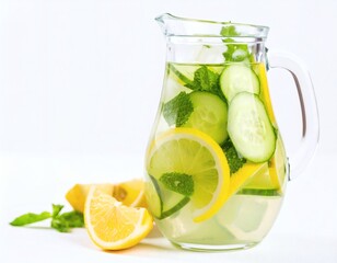 Fototapeta premium Glass pitcher of infused water with cucumber, lemon, and mint
