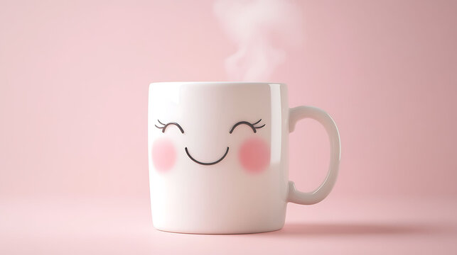 White ceramic mug with joyful expression and flushed cheeks, resting on a minimalist pink background, steam motion captured in ultra-sharp detail,