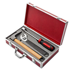 Professional tool kit with hammer wrench and screwdriver in red case