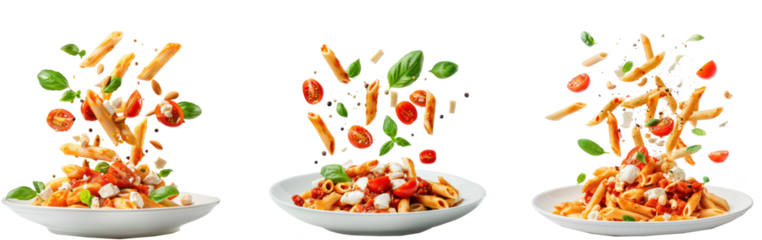 Three plates of pasta with tomato sauce, basil, and cheese on a white plate.