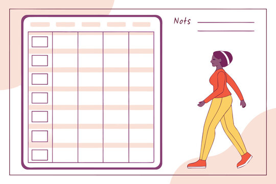 A woman walks past a blank planner or checklist with a section for notes symbolizing organization and progress