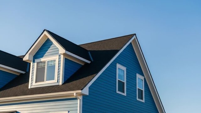 Architectural detail of a modern residential house featuring a gable roof, dormer window, and blue siding against a clear sky.