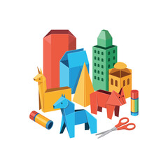 Origami animals and buildings with scissors and glue sticks paper craft llama