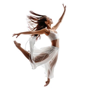 A graceful dancer in a white outfit, captured in mid-air with her arms and legs extended, against a transparent background
