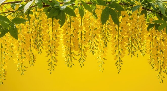 Cascading yellow flowers with green leaves hanging against a bright yellow background, natural beauty in bloom
